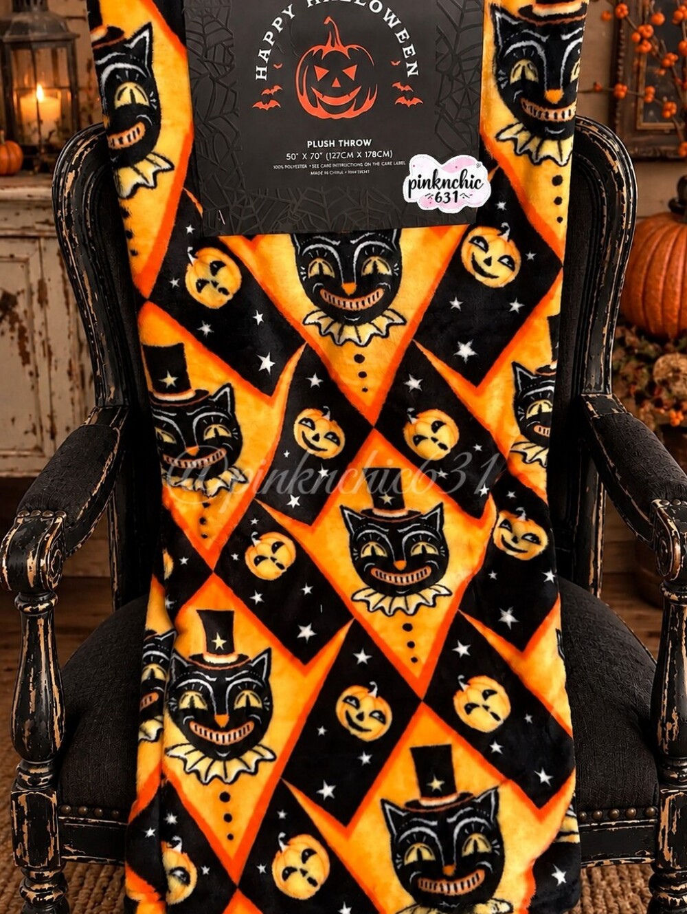 Vintage Halloween Throw Blanket Cat With Top Hat And Jack-o'-lantern